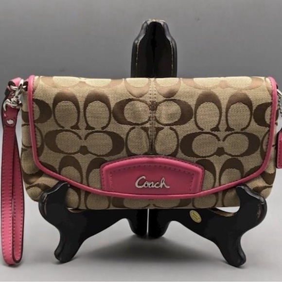 Coach Handbags - COACH Brown and Pink Signature Canvas Wristlet / Mini Purse